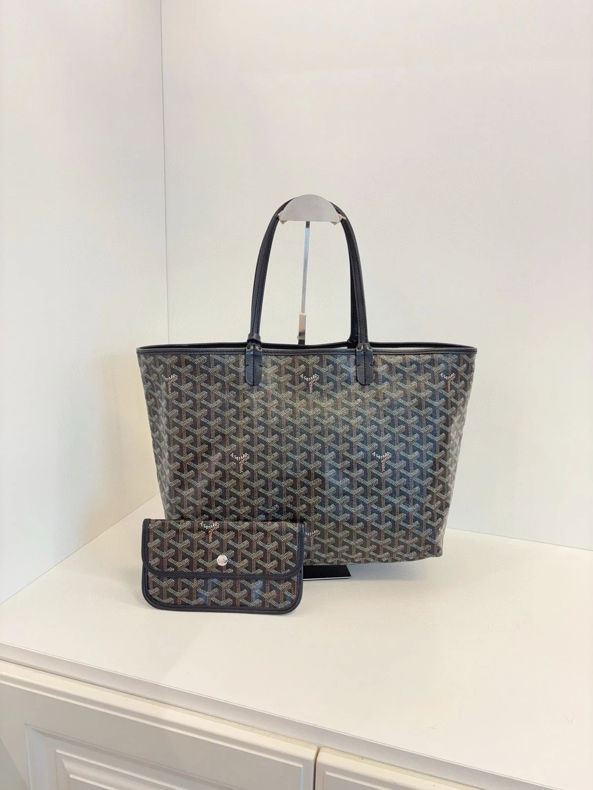 Goyard Saint Louis PM Tote Bag Black Coated Canvas Leather Trim Pouch Included
