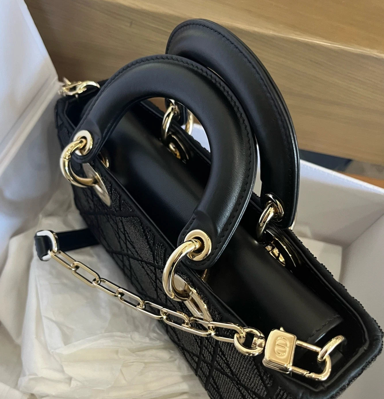 Dior Lady Dior Black Shoulder Bag Top Handle Excellent