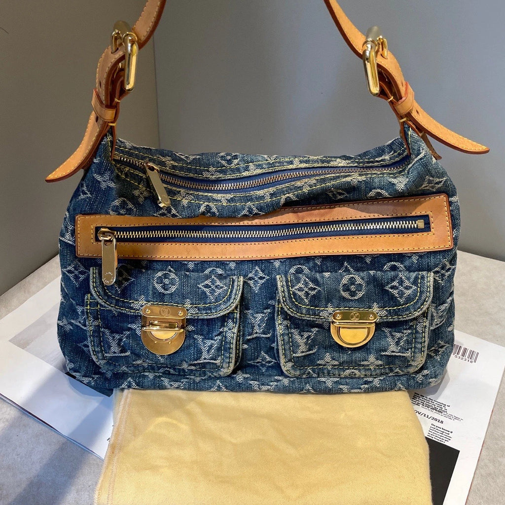 Louis Vuitton Baggy Denim Shoulder Bag Blue Gold Used Women Monogram Vintage