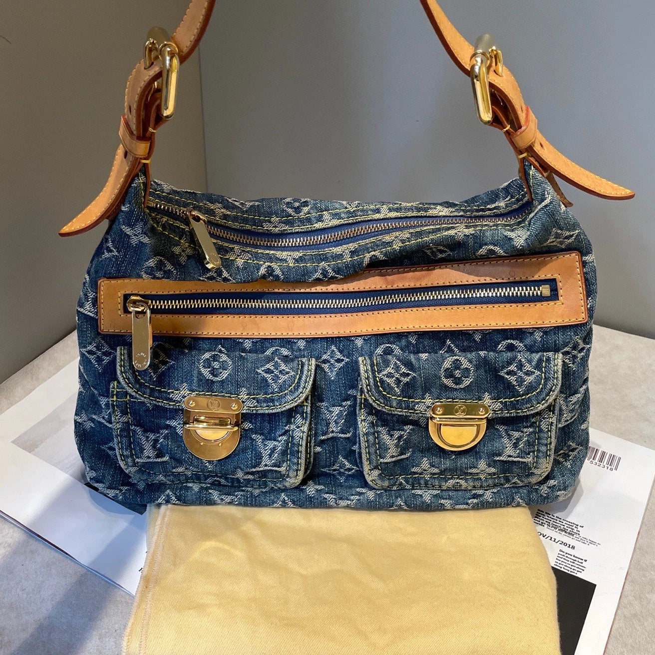 Louis Vuitton Baggy Denim Shoulder Bag Blue Gold Used Women Monogram Vintage