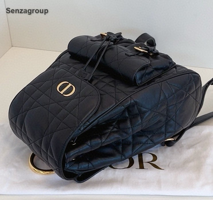Christian Dior Caro MM Backpack Black Gold Used Women Classic Fashion