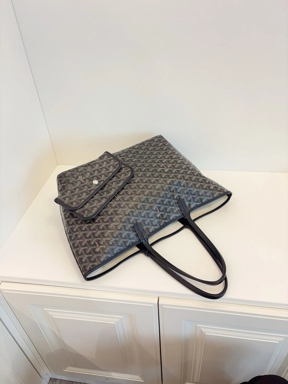 Goyard Saint Louis PM Tote Bag Black Coated Canvas Leather Trim Pouch Included