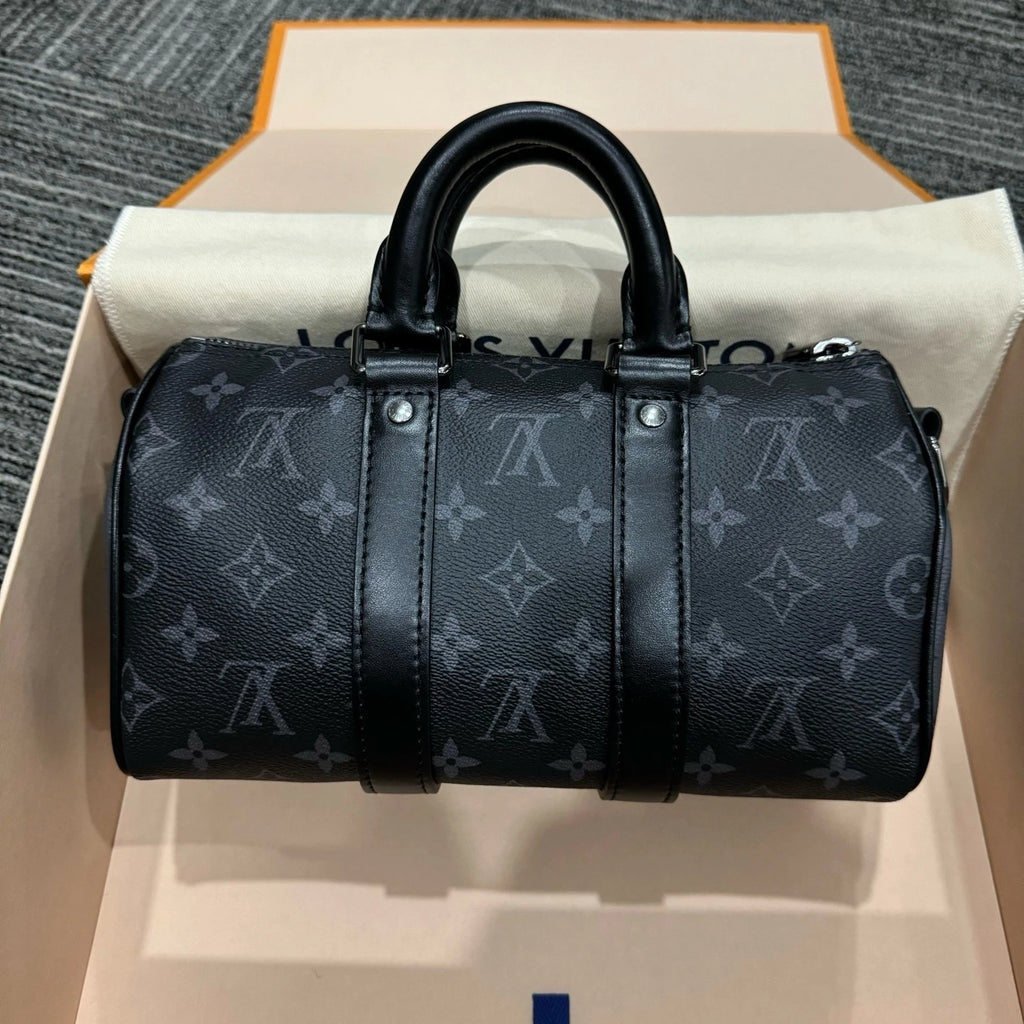 Louis Vuitton Keepall Canvas Black Handbag Top Handle Excellent