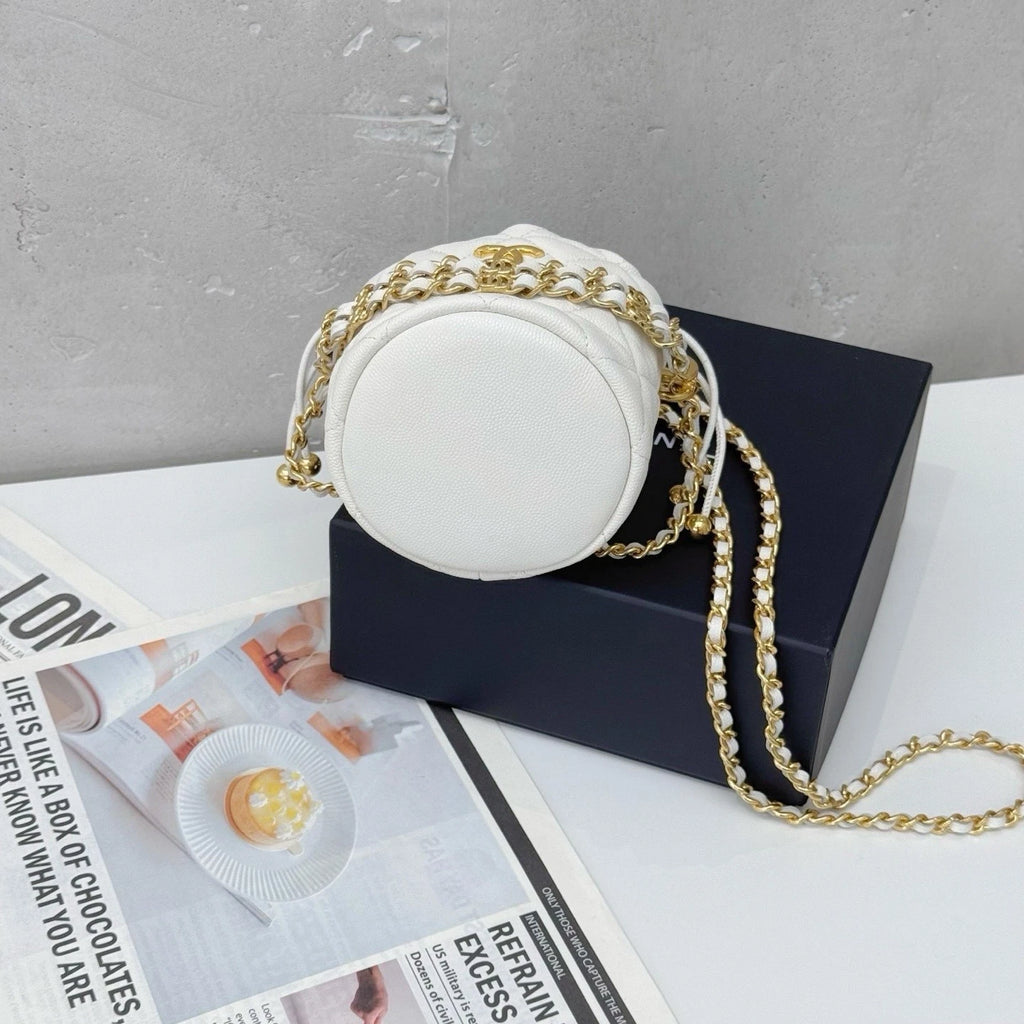CHANEL White Mini Leather Bucket Crossbody Bag For Women