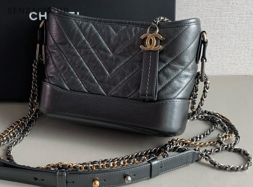 Chanel Gabrielle PM Calfskin V-Quilted Hobo Shoulder Crossbody Bag Black Women