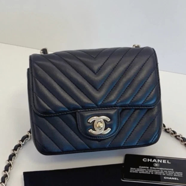 Chanel Classic Flap Chain Shoulder Bag Crossbody Black Gold Chevron Women