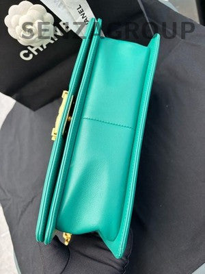 Chanel Le Boy Medium V-Stitch Chain Shoulder Bag Green Gold Clasp