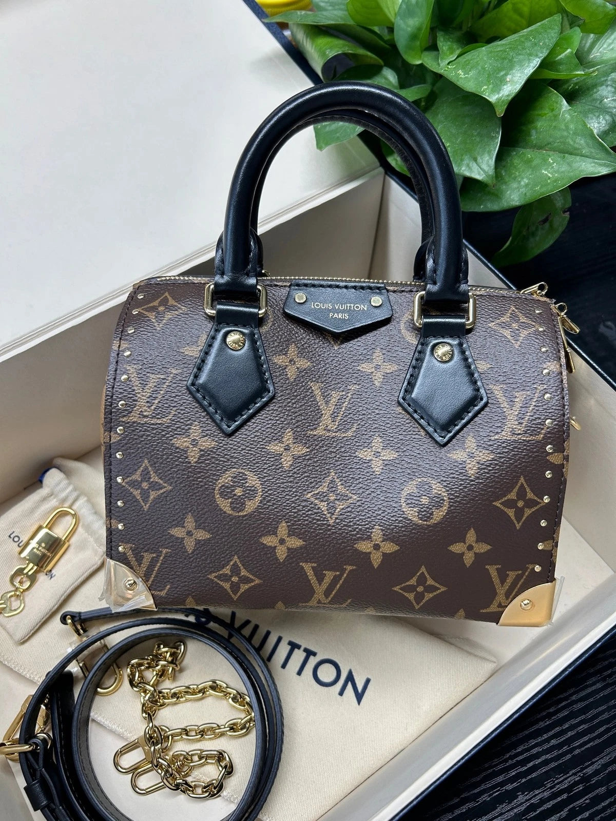 Louis Vuitton Speedy Trunk 20 Brown Canvas Handbag Crossbody Bag Excellent