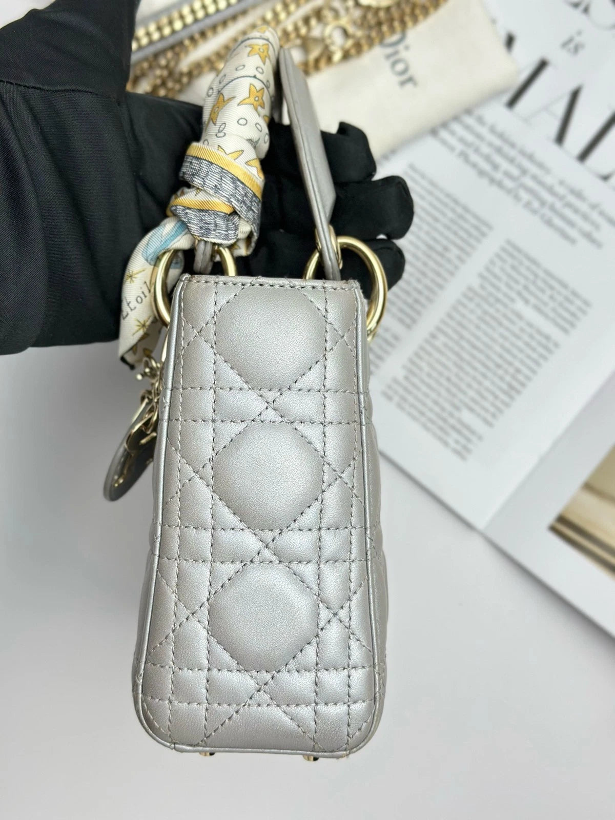 Christian Dior Lady Dior Cannage Gray Handbag Gold Chain Crossbody with Dust Bag