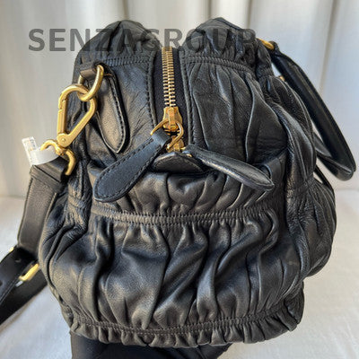 Prada Black Gold Leather Boston Bag Classic Women's Handbag Shoulder Tote