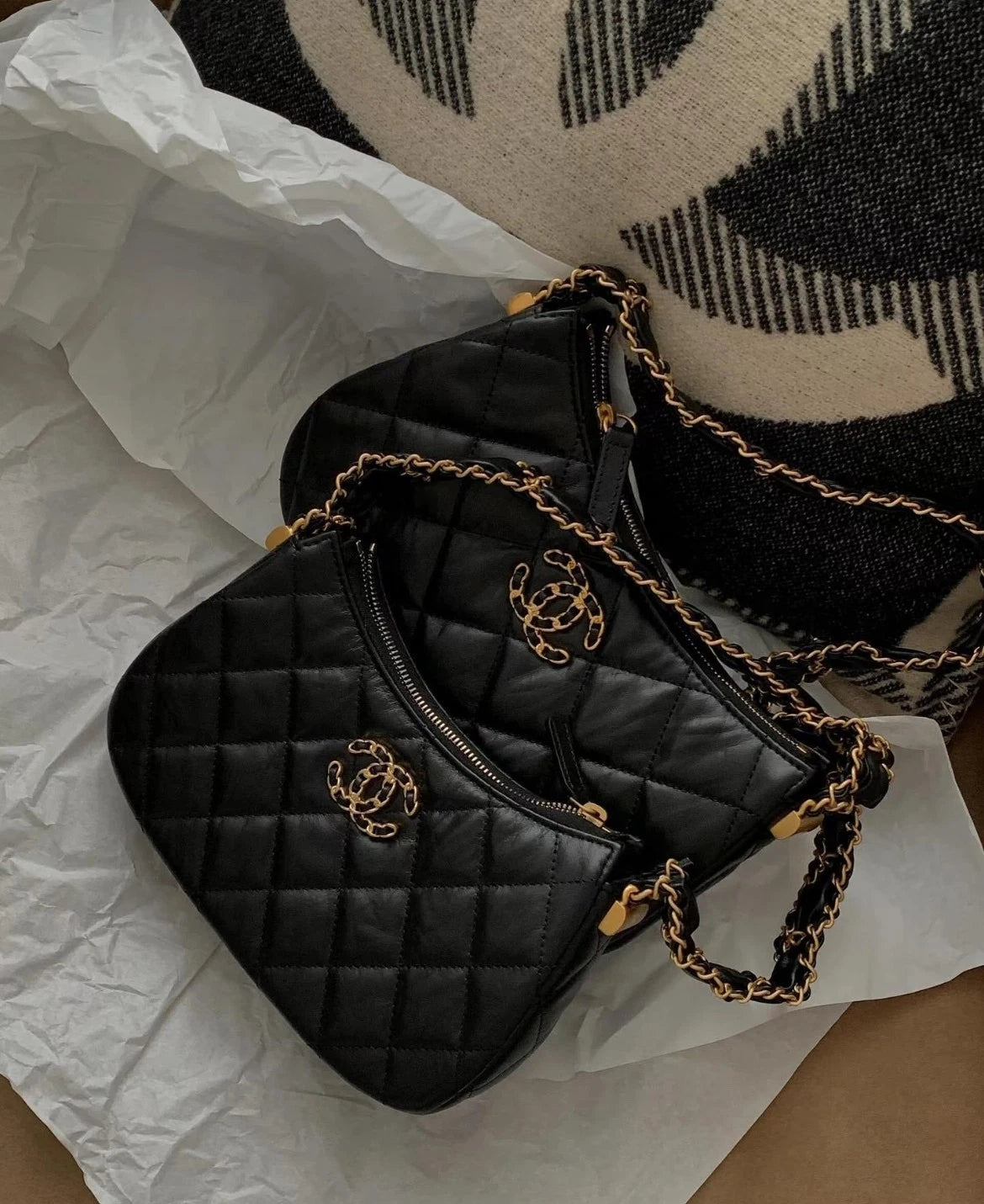 CHANEL Small Hobo Shoulder Bag Black Gold For Women