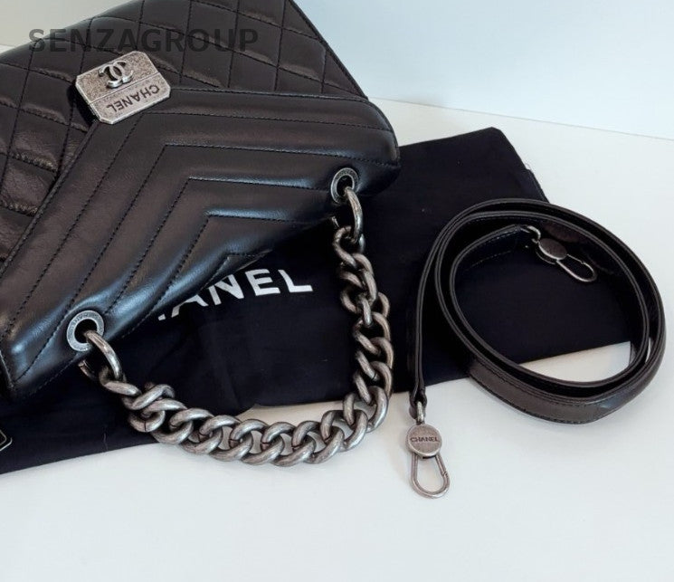 Chanel Calfskin Chain Top Handle Shoulder Bag Crossbody Black Silver Used Women
