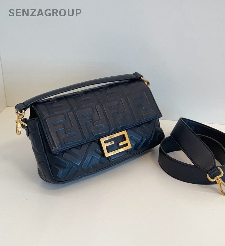 FENDI Baguette MM Monogram 2WAY Shoulder Handbag Black Gold Women