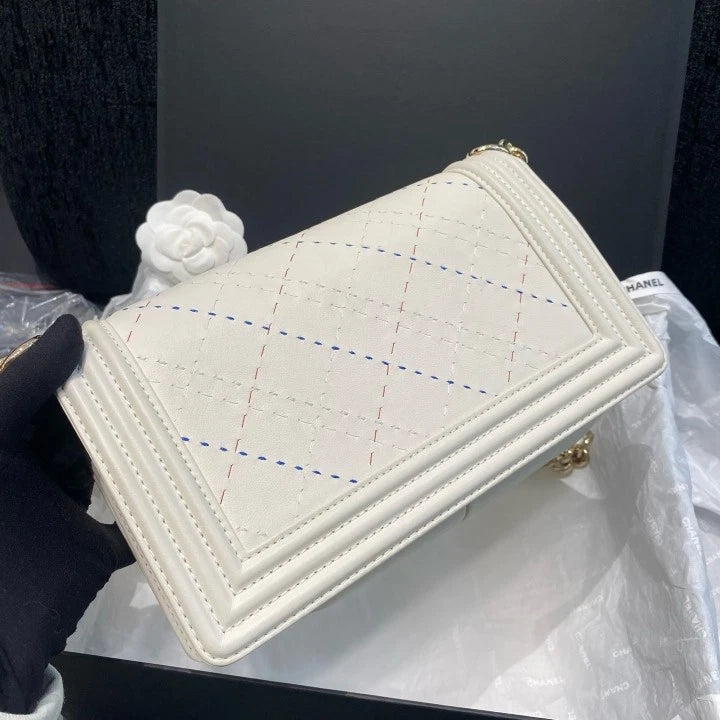 Chanel Leboy MM Calfskin Shoulder Crossbody Bag White Gold Women Fashion D