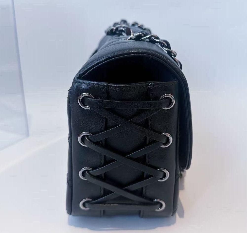 Chanel Classic Flap Calfskin Chain Shoulder Bag Black Silver Used Women Diamond