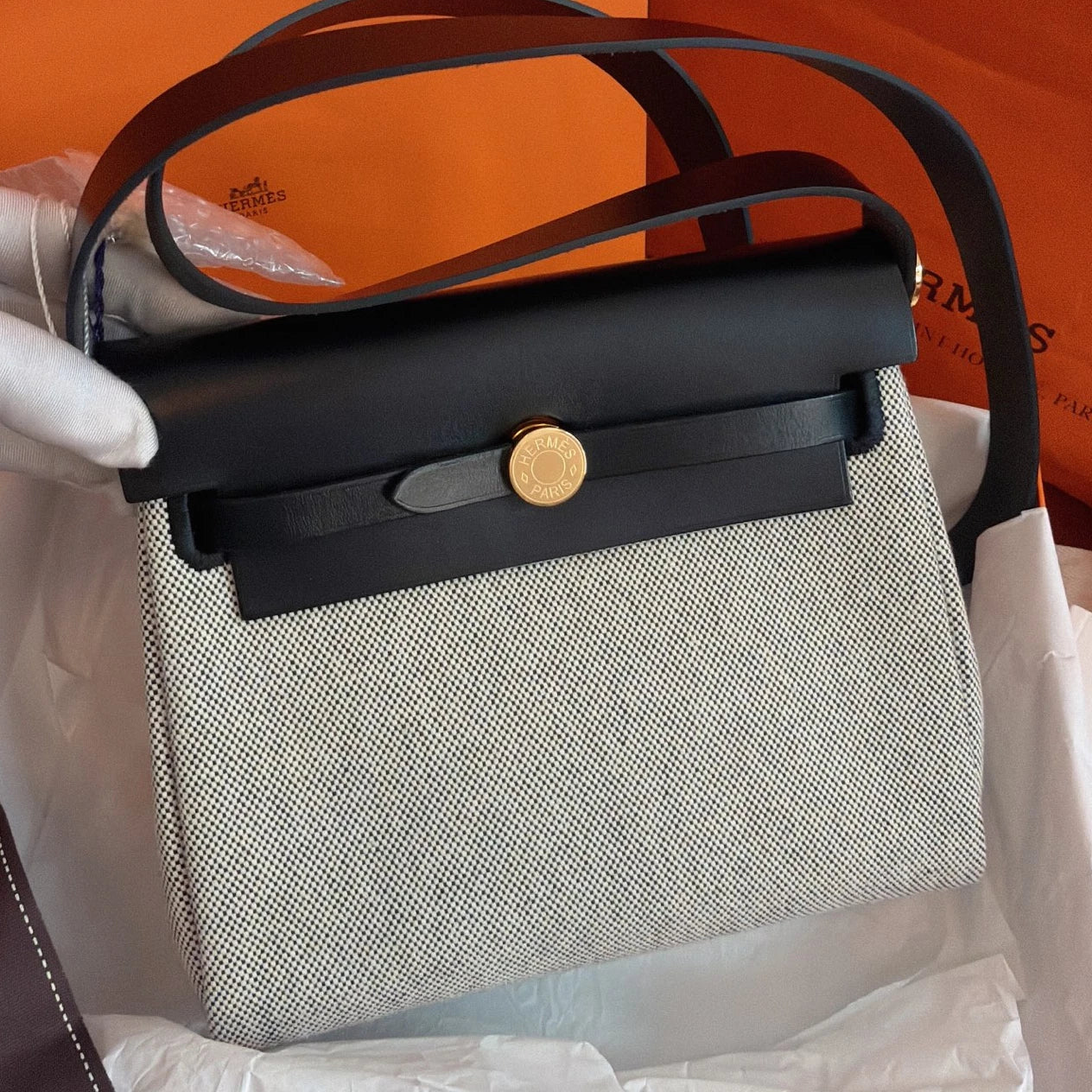Hermes Herbag Mini Top Handle Shoulder Crossbody White Black Gold Women Classic