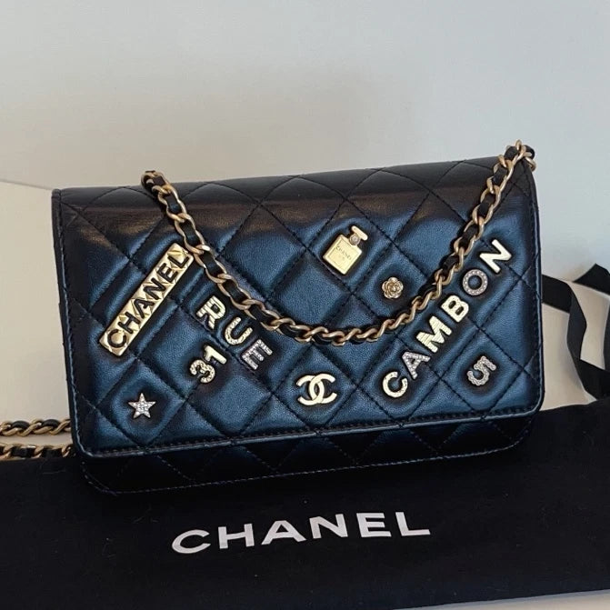 Authentic Chanel WOC Diamond Chain Black Shoulder Bag Crossbody Gold Hardware