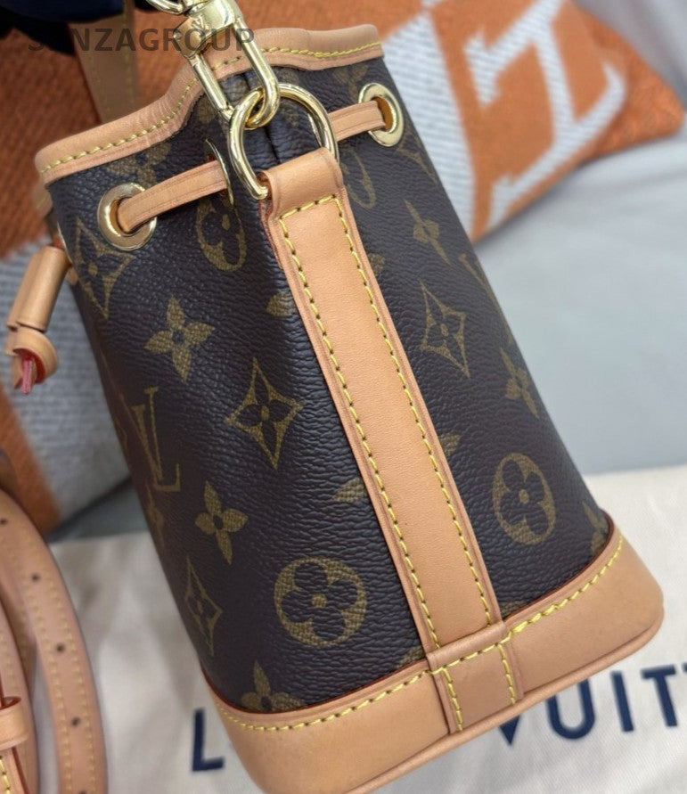 Louis Vuitton Monogram Nano Noe Bucket Bag Crossbody Brown Gold Women Classic
