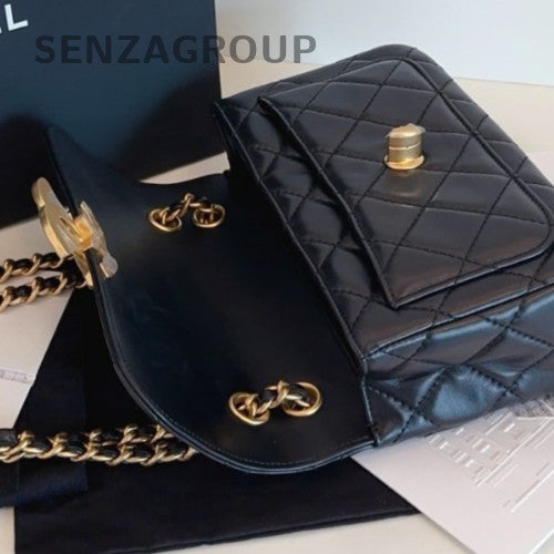 Chanel 24B Diamond Chain Shoulder Bag Crossbody Black Gold Women Classic