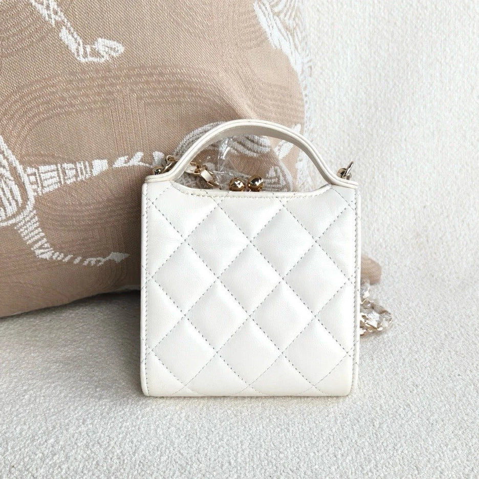 Chanel Lambskin Diamond Top Handle Chain Crossbody White Gold Women Classic