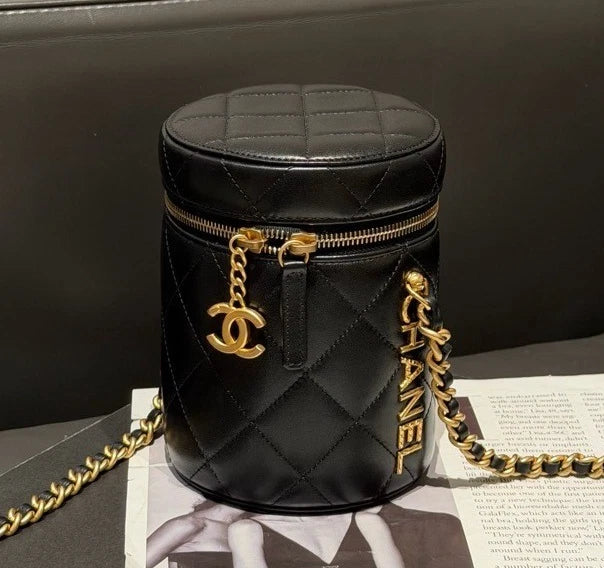 Chanel Vanity Case Chain Cylinder Bag Shoulder Bag Crossbody Black Gold Women