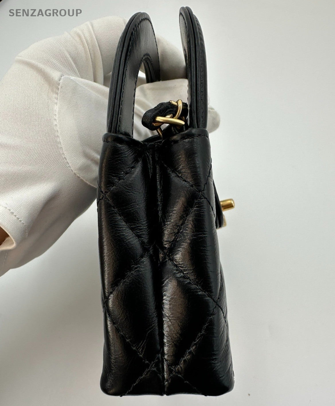 Chanel Kelly Nano Calfskin Top Handle Chain Shoulder Crossbody Black Gold Women