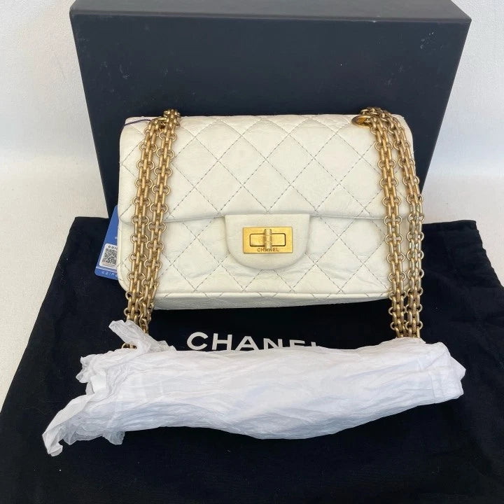 CHANEL 2.55 Mini Chip Version White Gold Shoulder Crossbody Bag For Women