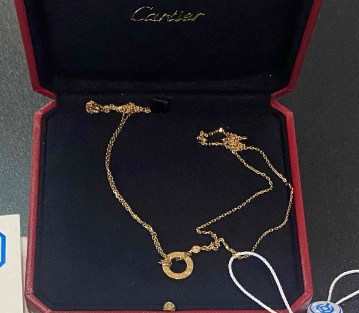 Excellent Cartier Love 18K Rose Pink Gold with 2 Diamonds Round Pendant Necklace