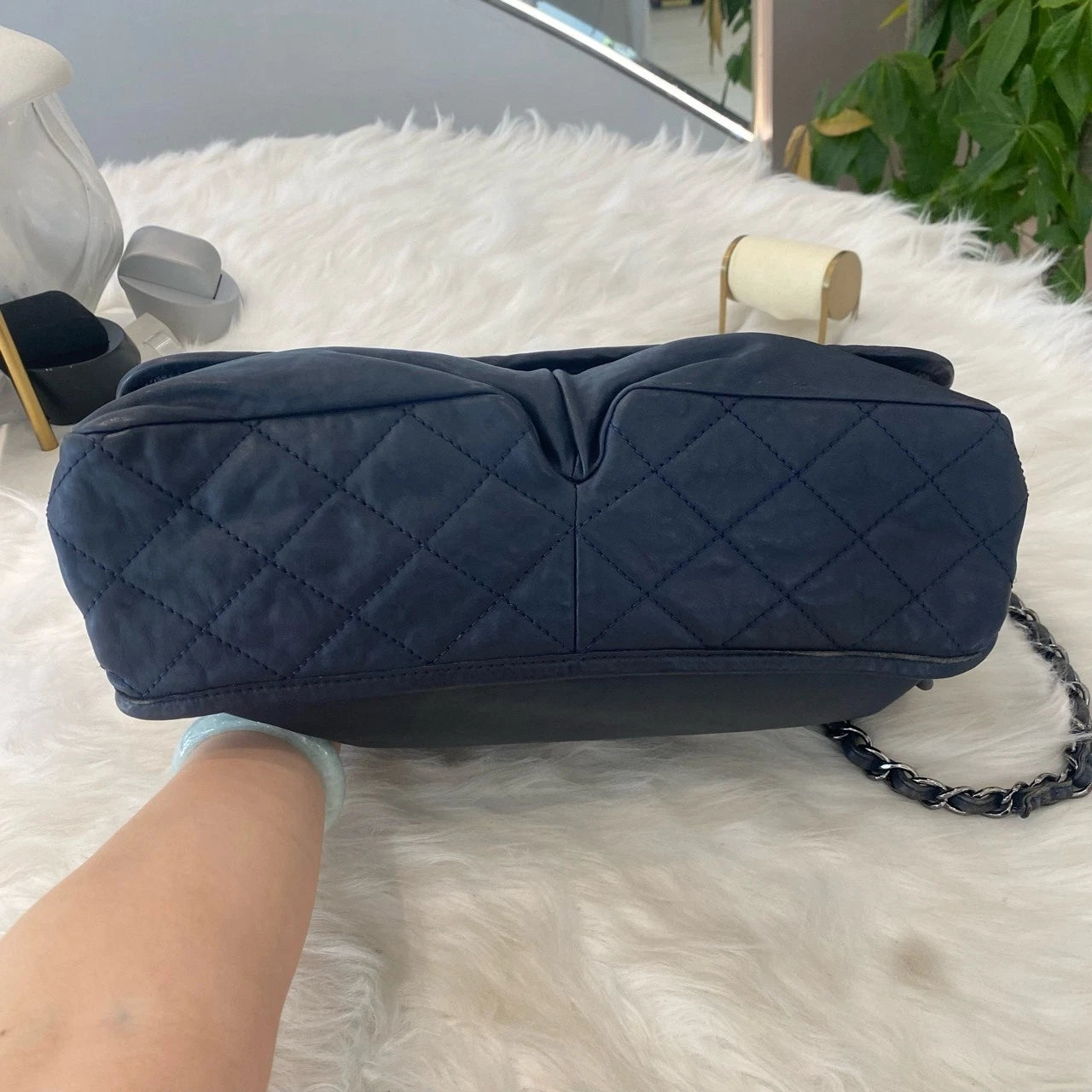 Chanel Quilted Chain Shoulder Bag Blue Silver Classic Women's