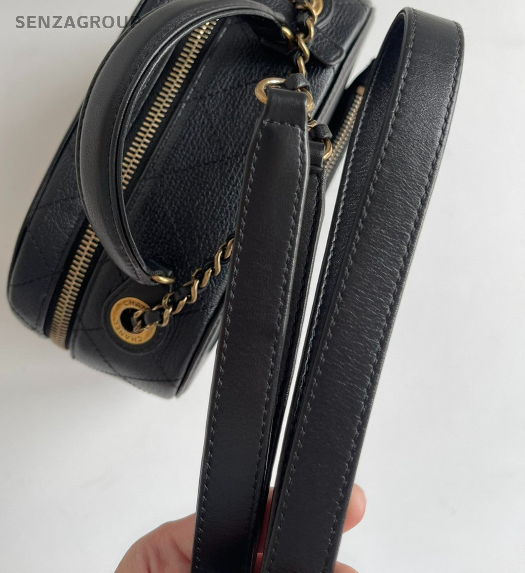 Chanel Calfskin Chain Top Handle Bag Crossbody Black Gold Women Classic