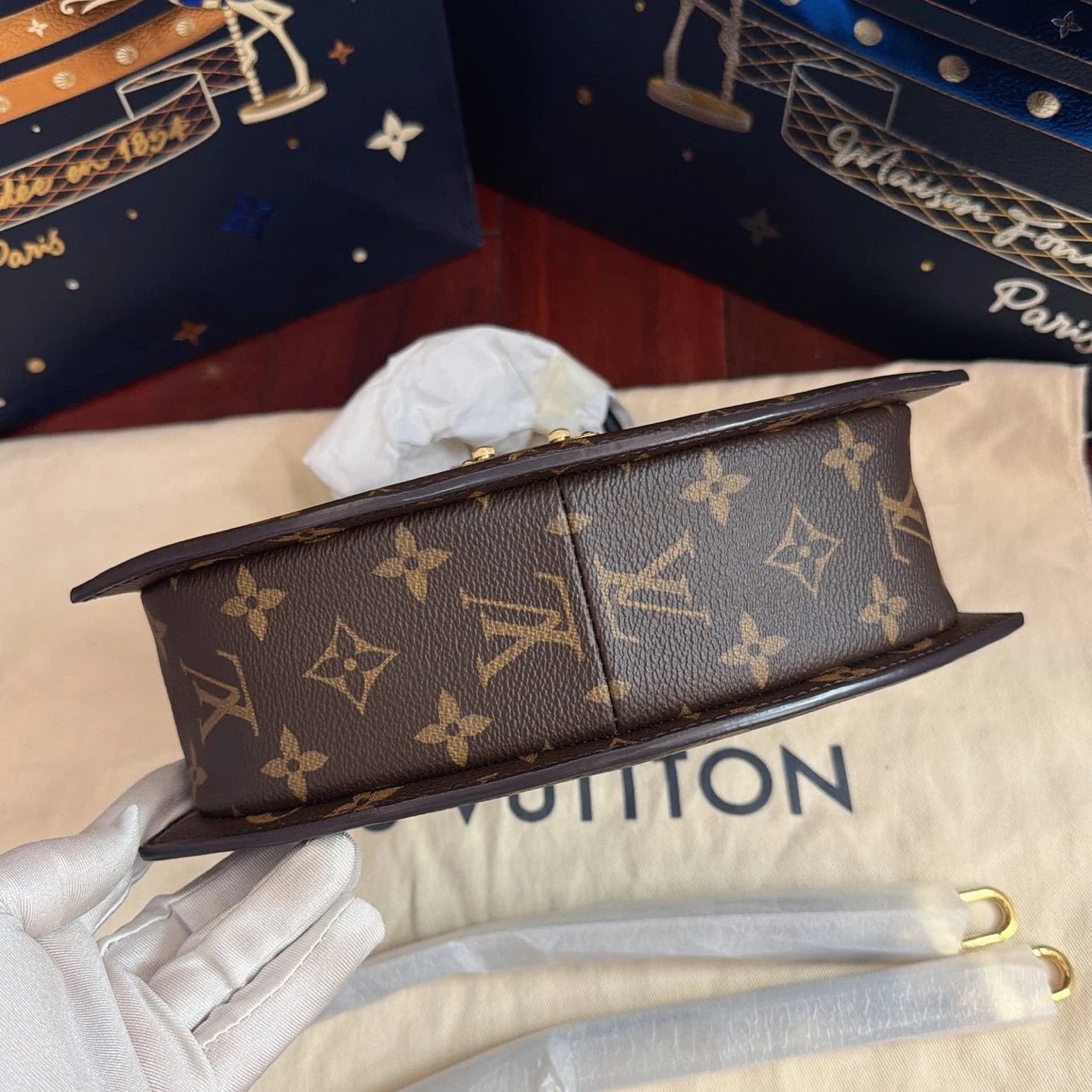Louis Vuitton Tillsit Monogram Top Handle Crossbody Brown Gold Women Classic