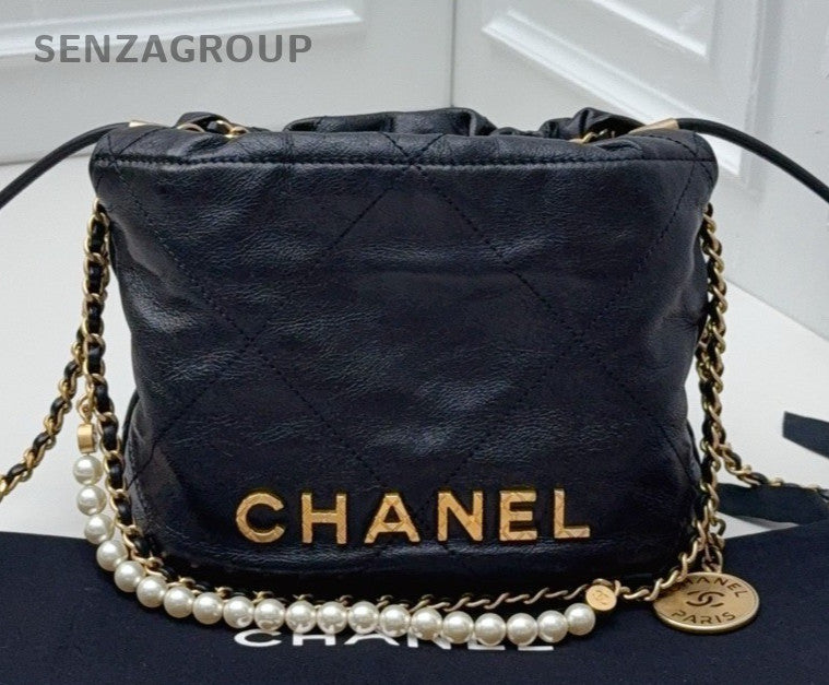 Chanel 22 Mini Calfskin Pearl Chain Shoulder Bag Crossbody Black Gold Women