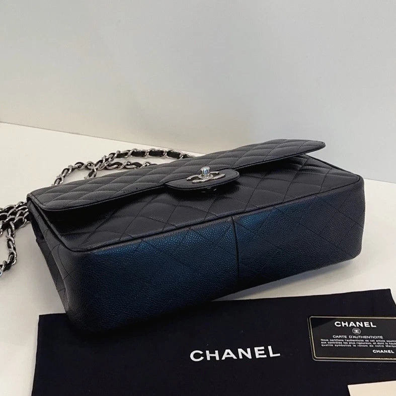 Chanel Flap Jumbo Calfskin Chain Shoulder Crossbody Black Silver Excellent
