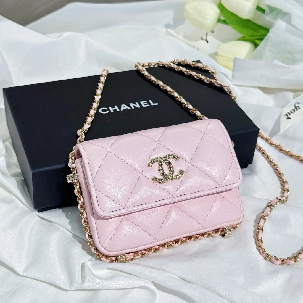 CHANEL Pink Leather Mini Chain Crossbody Bag For Women