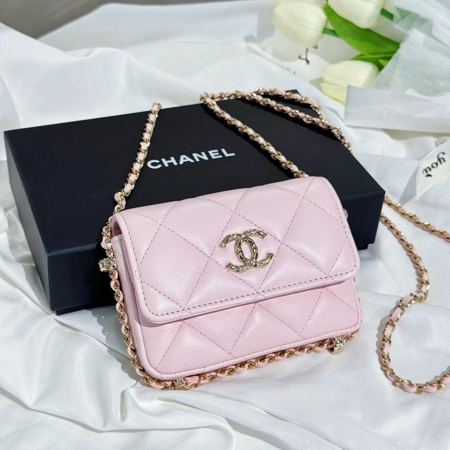 CHANEL Pink Leather Mini Chain Crossbody Bag For Women