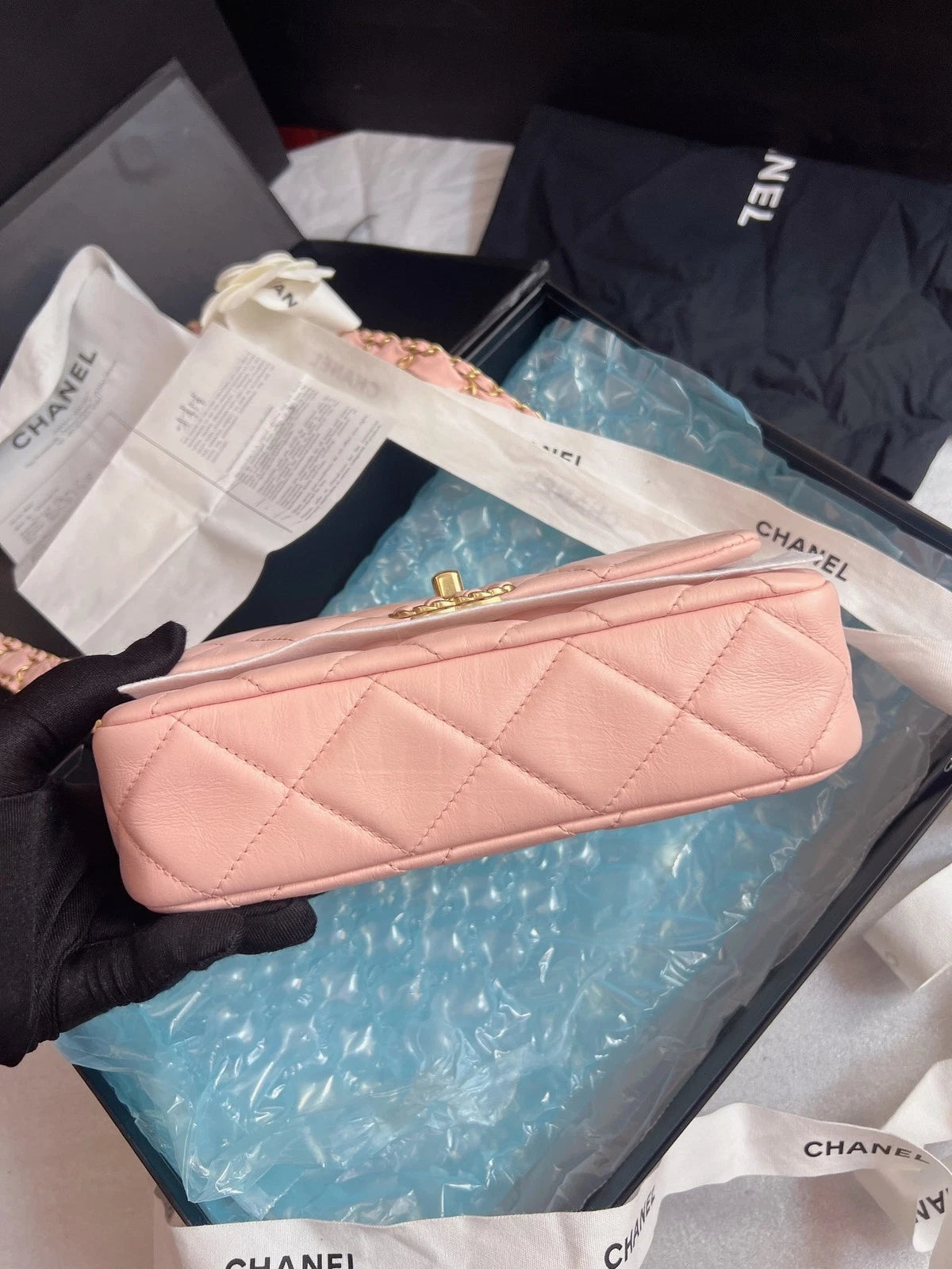 Chanel Diamond Calfskin Chain Shoulder Bag Pink Gold Used Women Classic