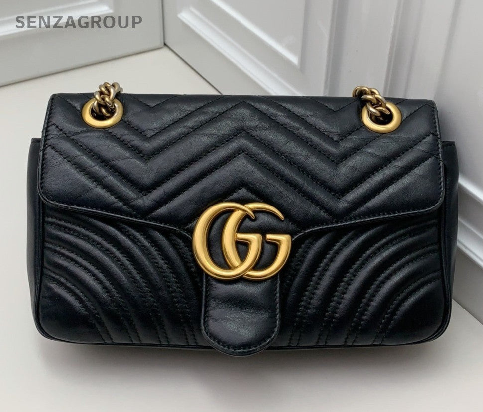 Gucci Marmont Chain Crossbody Shoulder Bag Black Gold Women Classic