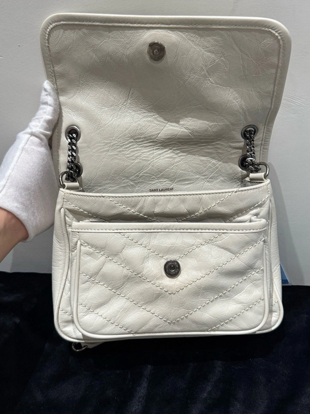 Saint Laurent Niki PM Chain Shoulder Bag White Silver Used Women Classic