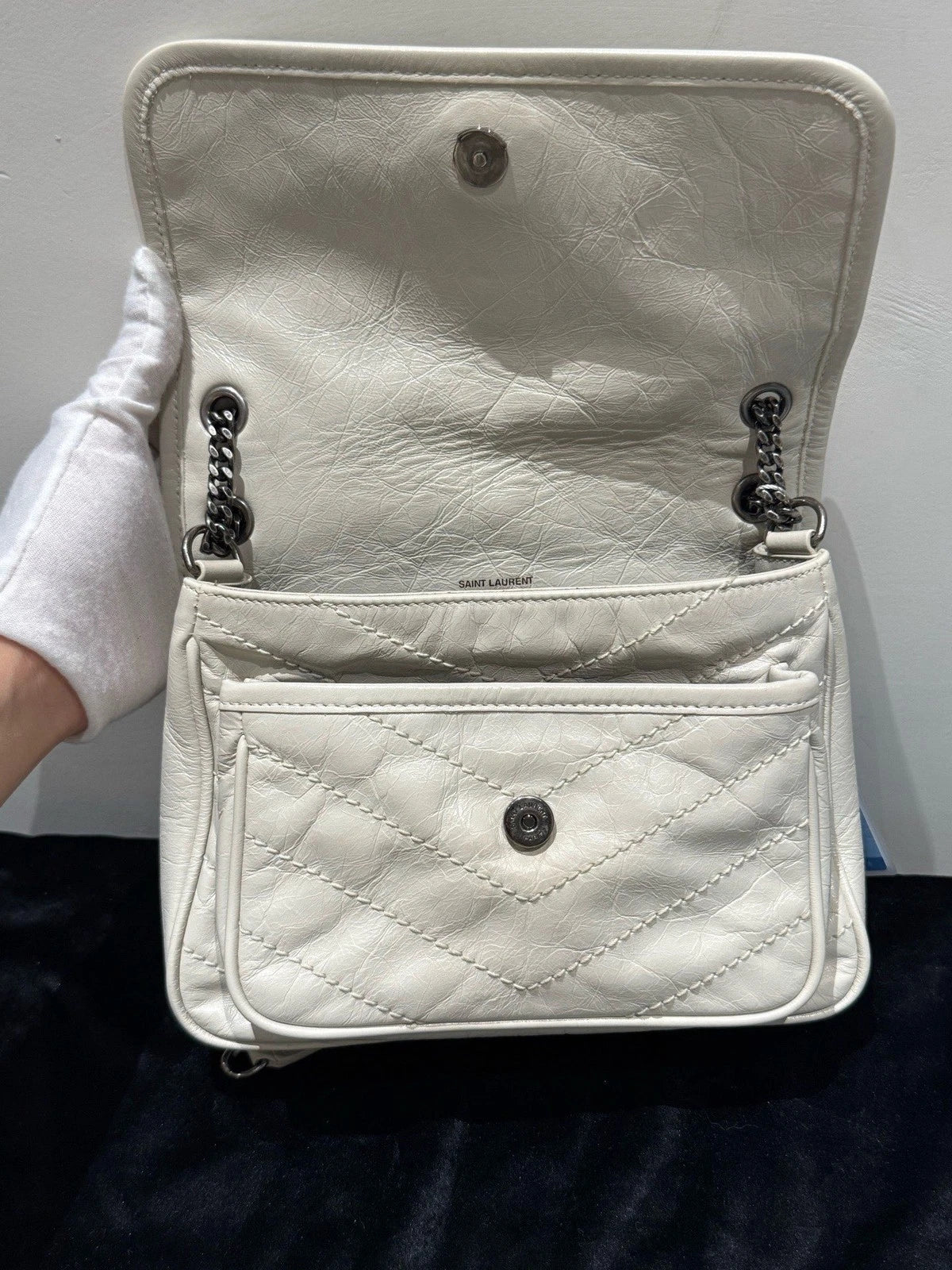 Saint Laurent Niki PM Chain Shoulder Bag White Silver Used Women Classic