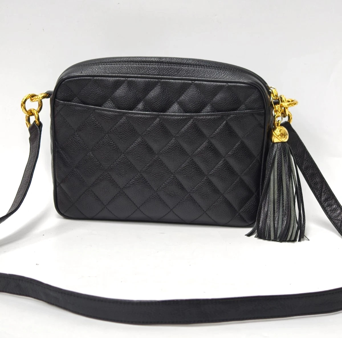 Chanel Diamond Tassel Camera Bag Shoulder Bag Crossbody Black Gold Women Vintage