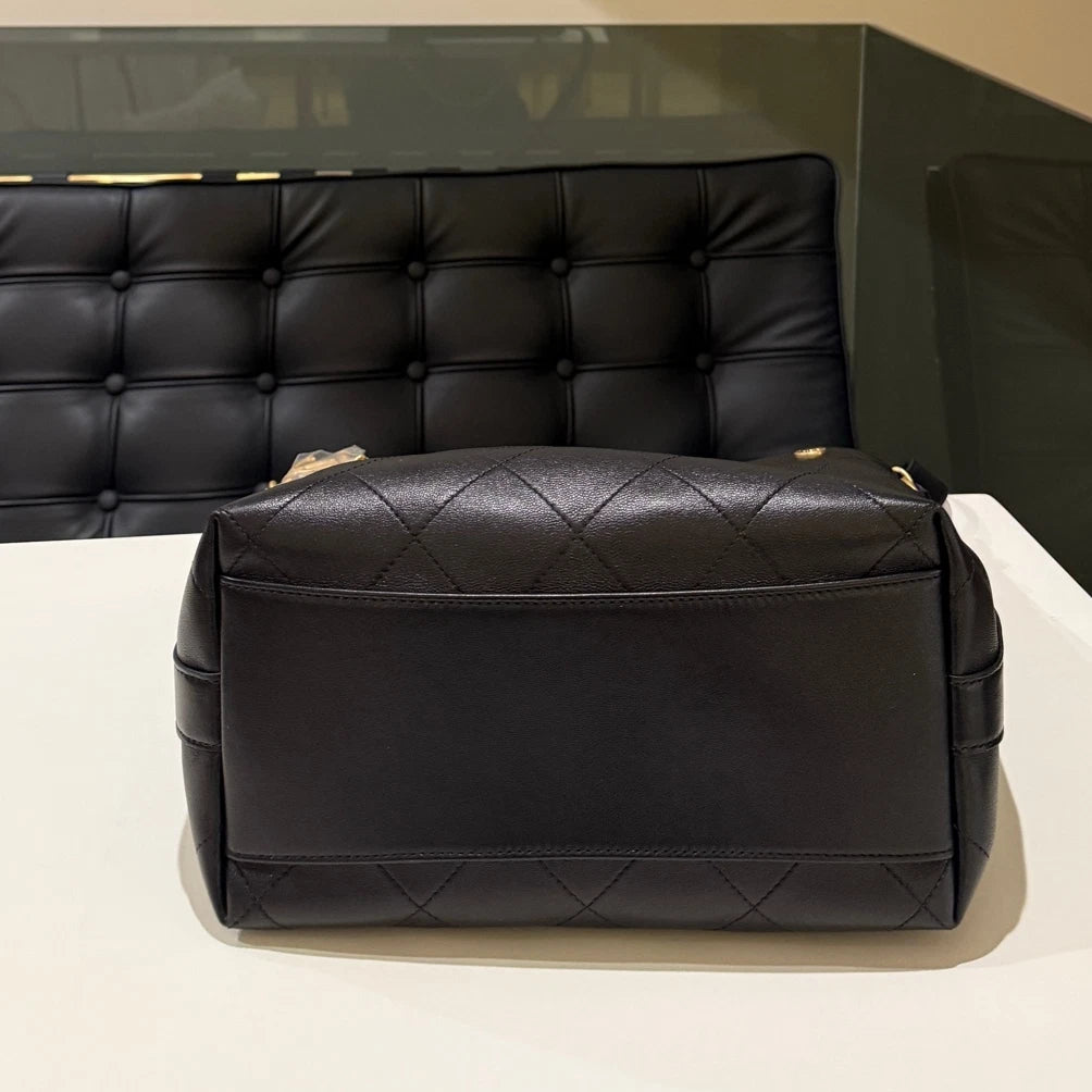 Chanel Coin Bucket Quilted Chain Shoulder Crossbody Bag Black Gold