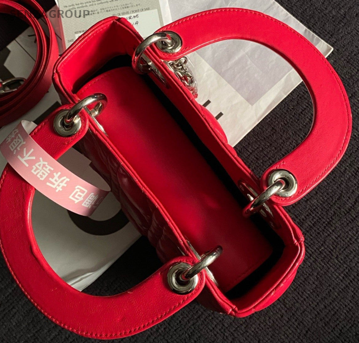 Christian Dior Lady Dior 2Way Top Handle Bag Crossbody Red Silver Women Classic