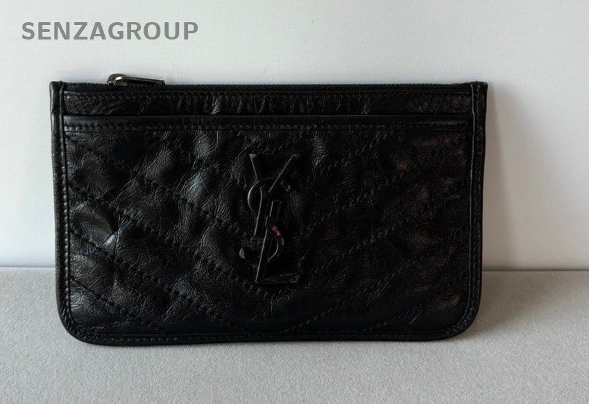 YSL Saint Laurent Niki Waxed Leather Clutch Bag Women Black