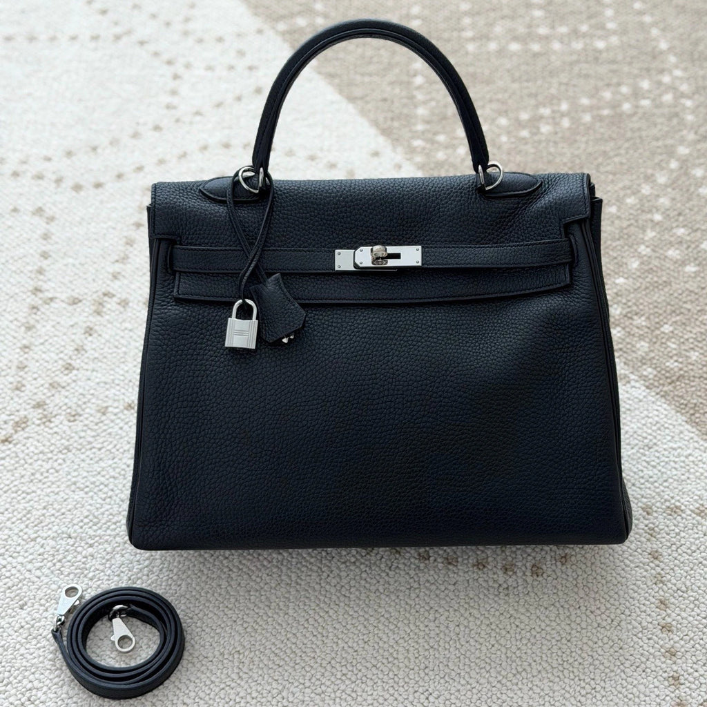 Hermes Kelly35 Top Handle Bag Crossbody Black Silver Women Classic