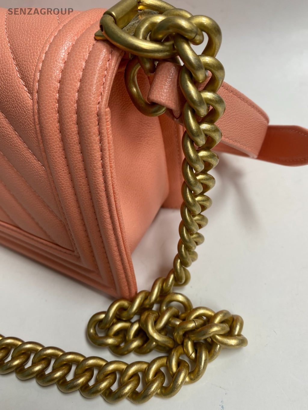 Chanel Leboy PM Chain Shoulder Bag Pink Gold Chevron Women Classic Fashion