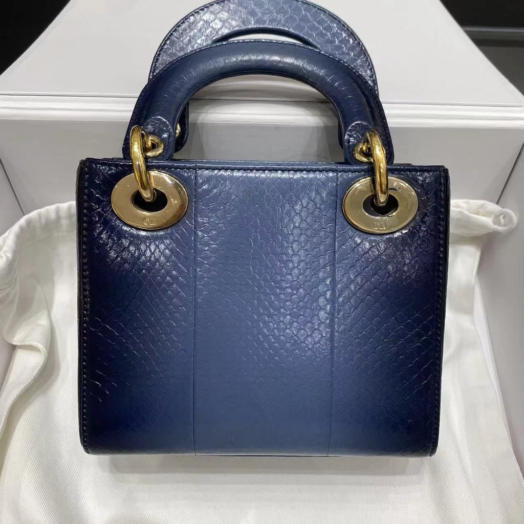 Dior Women Blue Gold Leather Lady Dior Top Handle Bag