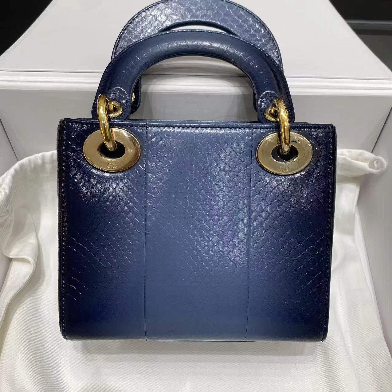 Dior Women Blue Gold Leather Lady Dior Top Handle Bag