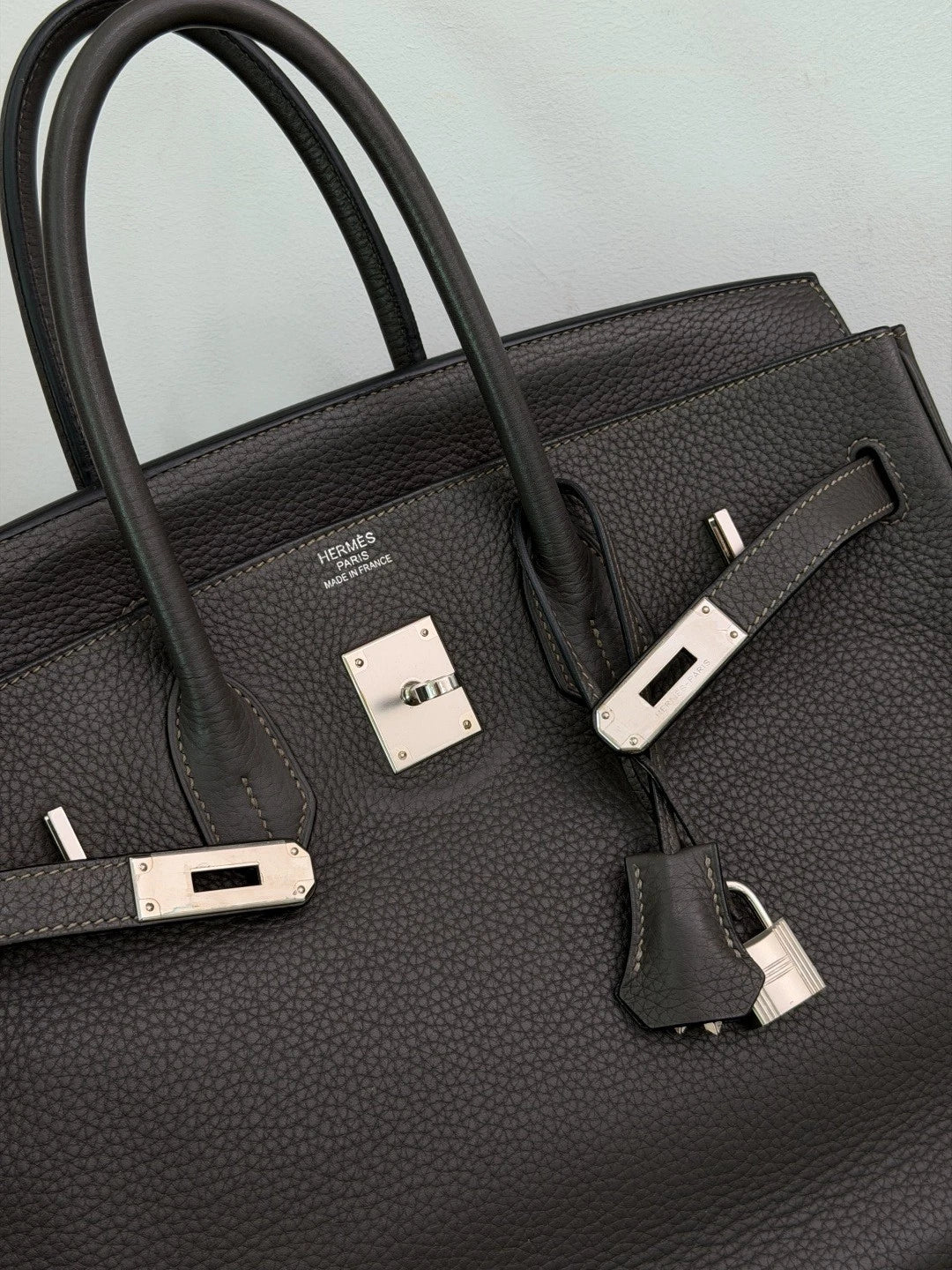 Authentic Hermes Birkin 35 Tote Top Handle Bag Grey Silver Hardware