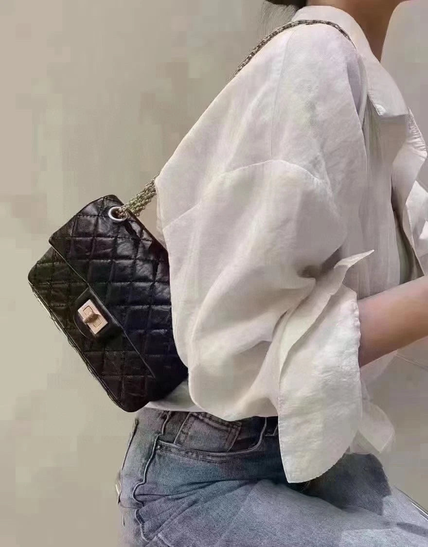 Chanel 2.55 Mini Chain Shoulder Bag Crossbody Black Gold Women Classic Diamond