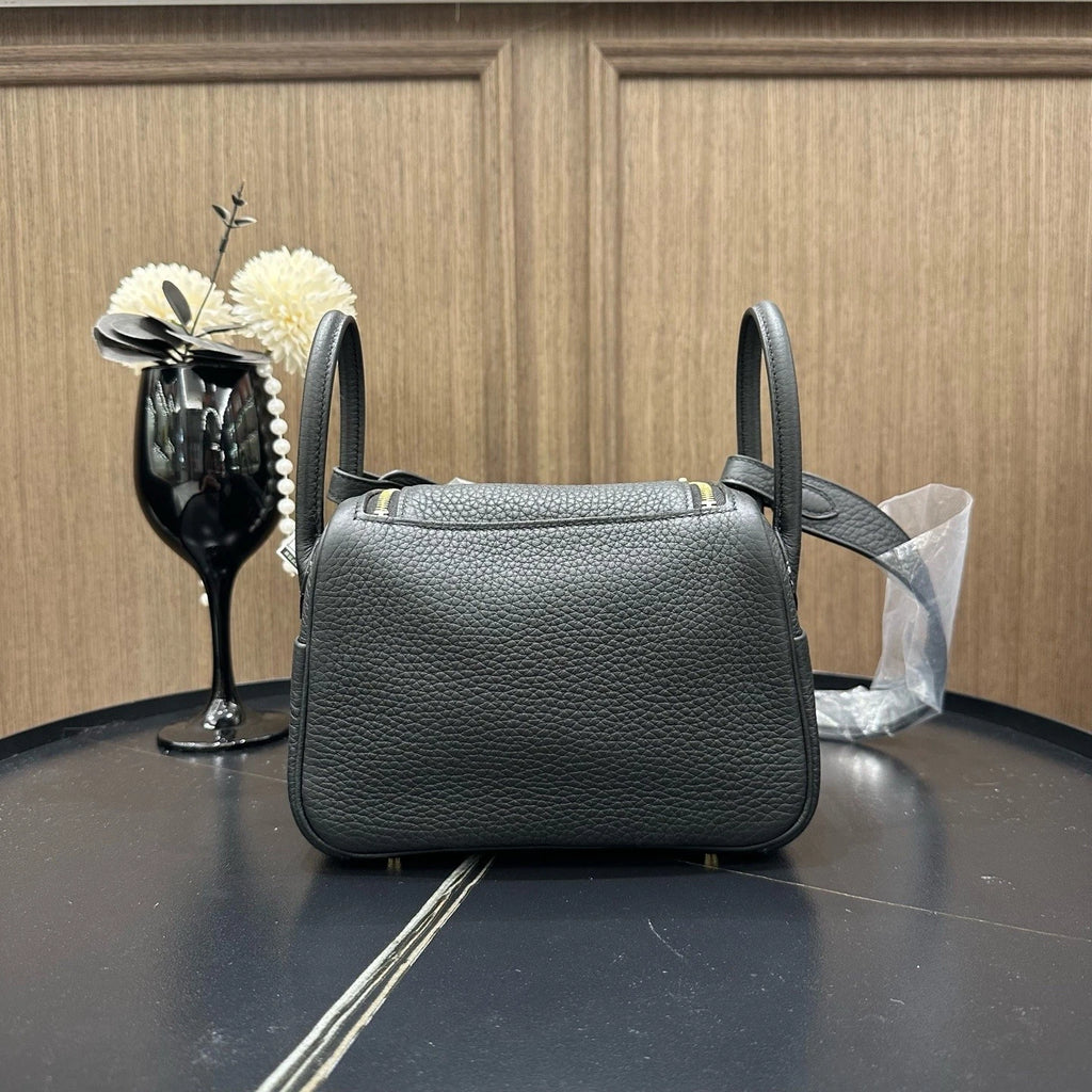 Hermes Mini Lindy Black Gold Togo Leather Top Handle Bag For Women